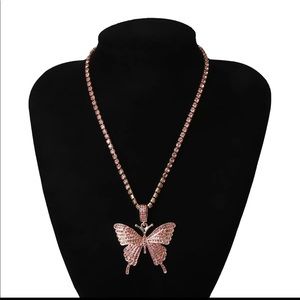 Hip Hop Pink Rhinestone Butterly Tennis Necklace